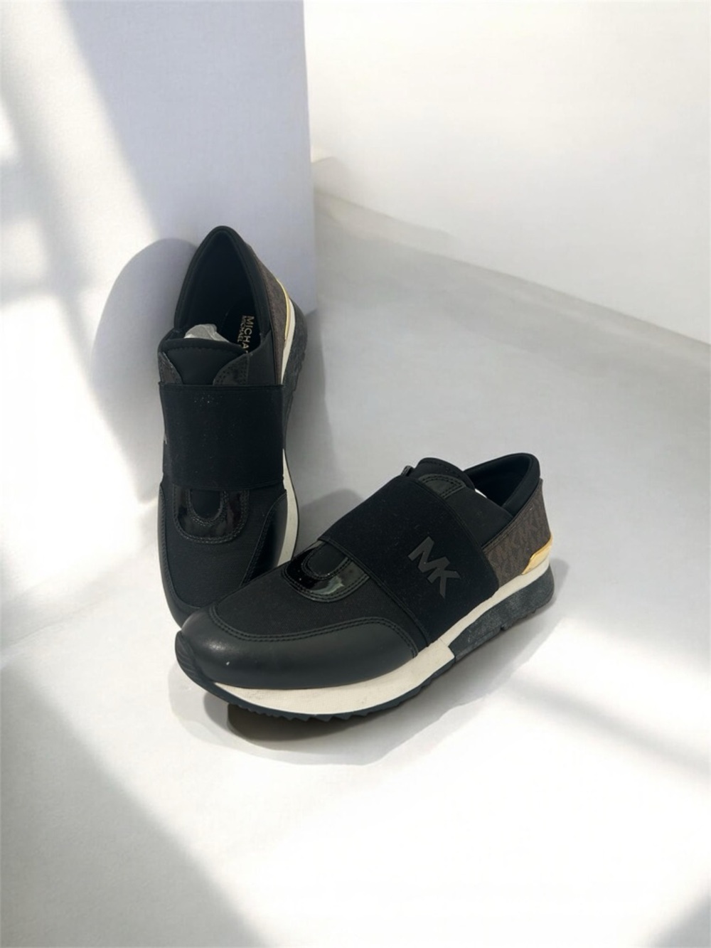 Michael Kors Black and White MK Elastic Strap Slip-On Sneakers